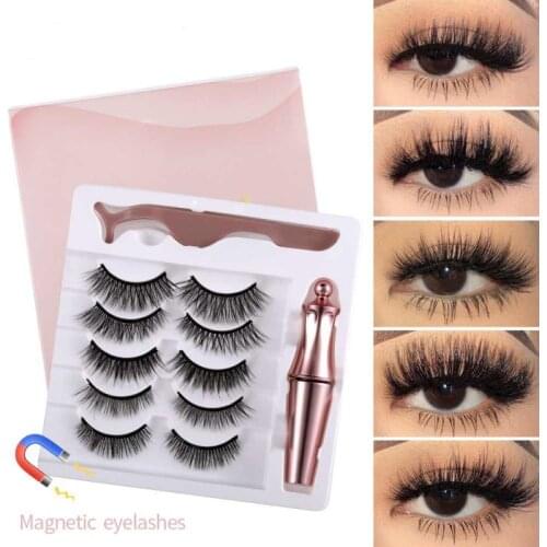5 Pairs Magnetic Eyelashes False Lashes Repeated Use Eyelashes Waterproof Liquid Eyeliner With Tweezer Makeup Set New 2021