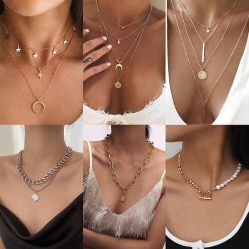 2021 Gold Silver Color Chain Pendant Round Necklace for Women Layered Charm Choker Necklace Boho Jewelry Gift