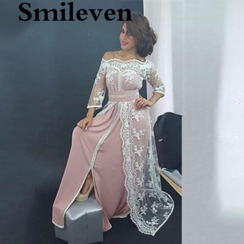 Smileven Caftan pink Sodt Satin Prom Dress 2020 3/4 Sleeve Elegant Off The Shoulder Lace Evening Gowns Formal Split Party Dress