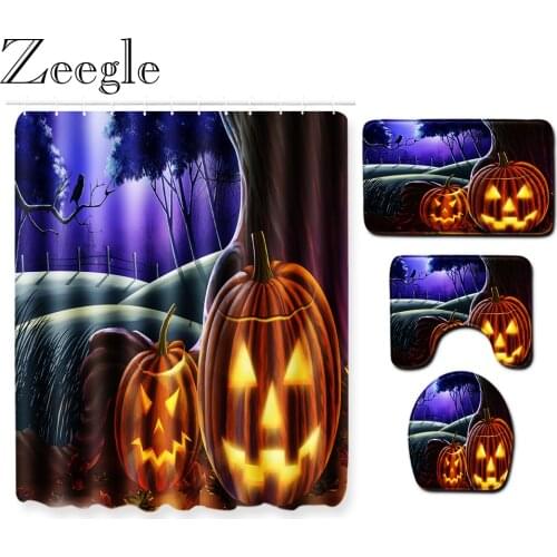 Halloween Bath Curtain Absorbent Shower Curtain Non-slip Bathroom Carpet Set Toilet Cover Seat Mat Absorbent Washable Bath Rug