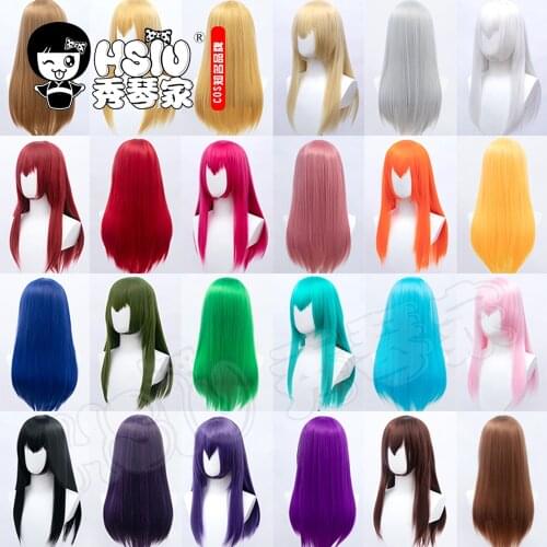HSIU 26 Colors 60cm Long Straight Hair Pink Gray White purple Black pink+Free brand hair net Multicolor Cosplay Wigs