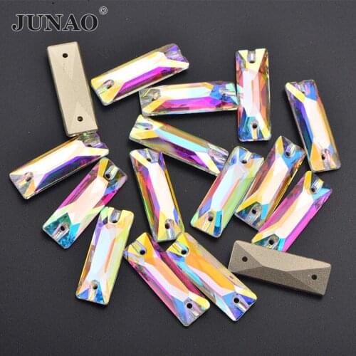 JUNAO 6X18mm 7x21mm Sewn Crystal AB Rectangle Glass Rhinestones Flat Back Sew On Crystal Stone Strass Diamond for Clothing