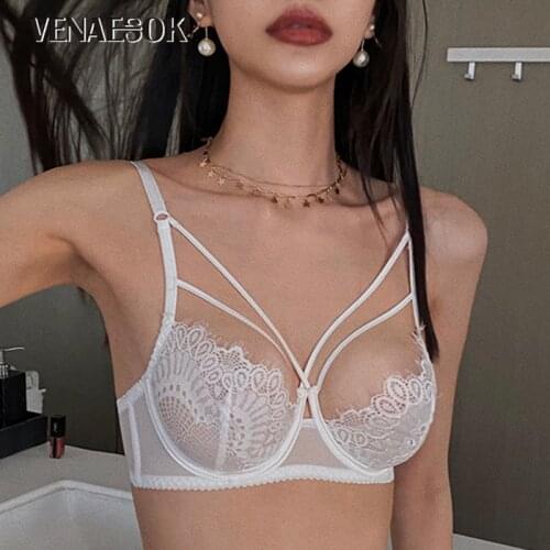 2021 White Bra Transparent Lace Fashion Brassiere Deep V Sexy Underwear Women Bra and Panties Sets Embroidery Lingerie Set Black