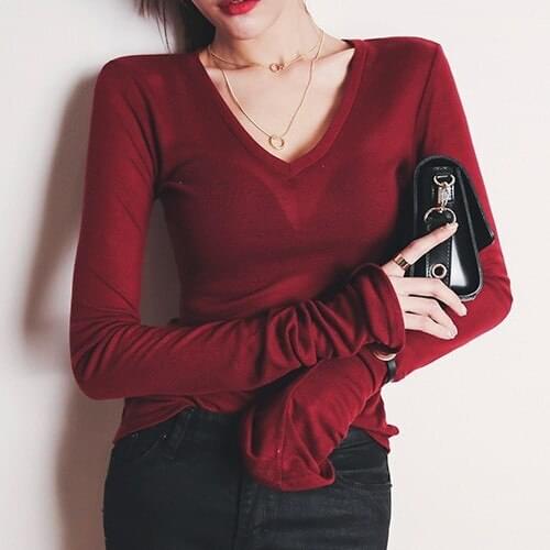 Beauty Sexy Wine Red Shirt V-neck Long Sleeve Unlined Upper Garment Woman Thin T-shirt Female Tops