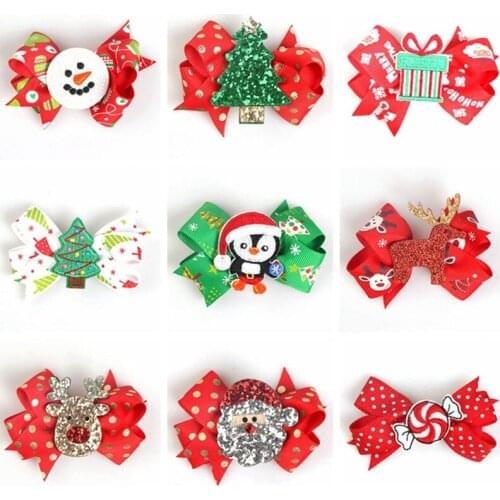 Small Christmas Print Hair Bows Cute Glitter Elk Accessories Hair Clips For Kids Festival Gift Snowman Hair Accessories