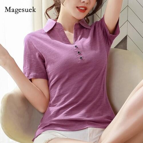 Fashion Women Summer Short Sleeve Lapel Cotton T-shirt Solid Tees Spring Casual Bottoming Tops Button Slim Tshirt Blusas 13590