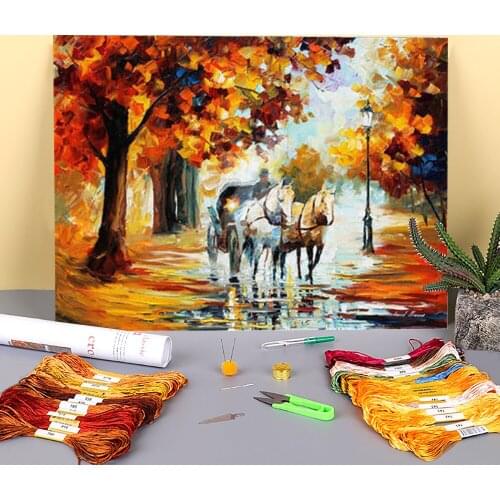 Fall Journey Pre-Printed 11CT Cross-Stitch Embroidery Full Kit DMC Threads Hobby Needlework Handiwork Handmade Magic Needle
