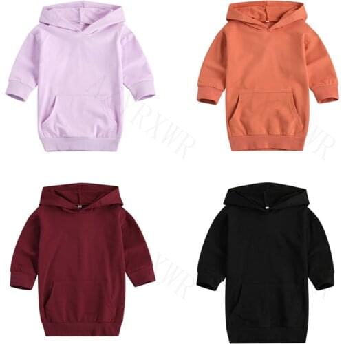 Autumn Warm Fashion Kids Girls Hoodies Dress Outfits 1-5Y Solid Pullover Pocket Long Length Straight Dress 4 Colors