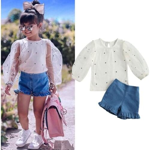 1-6Y Fashion Summer Girls Clothing Sets Toddler Kids Girls Lace Dots Puff Sleeve Shirts Tops+Denim Shorts Tracksuits Outfits