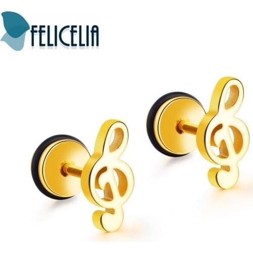 Felicelia Fashion Men Women Earrings Stainless Steel Stud Earrings Cute Musical Note Unisex Jewelry Black / Gold / Silver Color