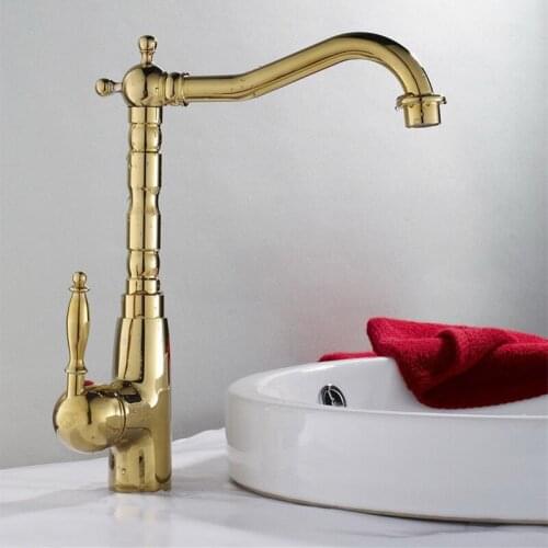 Luxury Gold Color Brass Bathroom/Kitchen Basin Sink Vanity Mixer Faucet Single Handle Hot Cold Mixer Tap