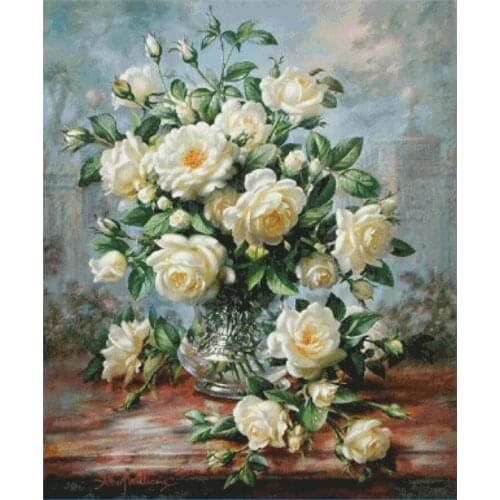 White rose flowers cross stitch package big bloom 18ct 14ct 11ct cloth cotton thread embroidery DIY handmade needlework