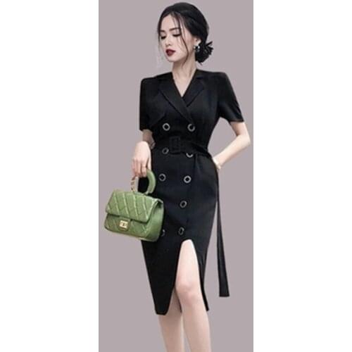 ZAWFL 2021 New Summer Double-breasted Korea Dress Women Elegant Dresses Notched Neck Ruffles Dress Vestidos