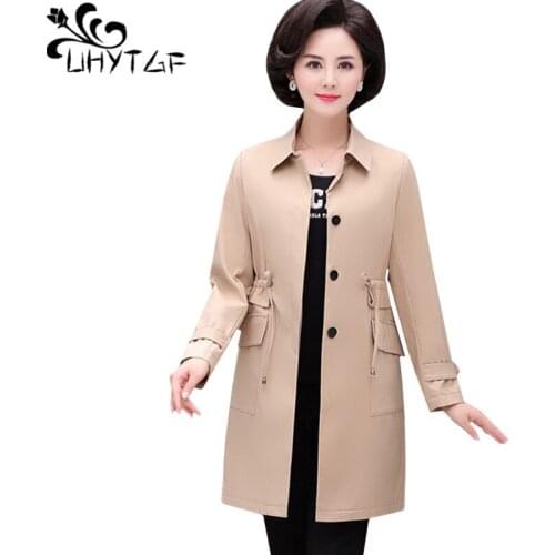 UHYTGF Womens spring autumn jacket medium long Plus size tops windbreaker jacket Temperament female Loose outerwear XL-5XL1218