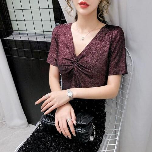 Summer Korean Style All Match T-Shirt Girls Fashion Sexy V-Neck Shiny Diamonds Mesh Women Tops Short Sleeve Tees 2021