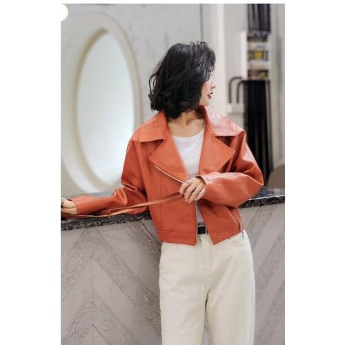 2021 New European Leather Womens Short Style Spring Small Lapel Pu Leather Jacket Fashion Long Sleeves Solid Color Personality