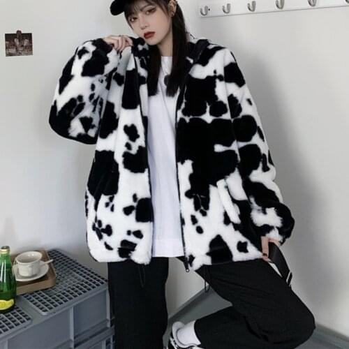 JMPRS Winter Women Faux Fur Coats Harajuku Fashion Cows Print Loose Female Warm Cotton Jacket Casual Korean Ladies Clothes 2021