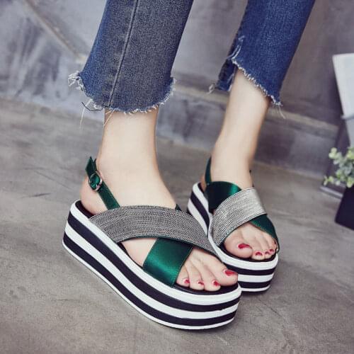 Platform Sandals Women Wedge High Heels Shoes Women Buckle Leather Canvas Summer Zapatos Mujer Wedges Woman Sandal