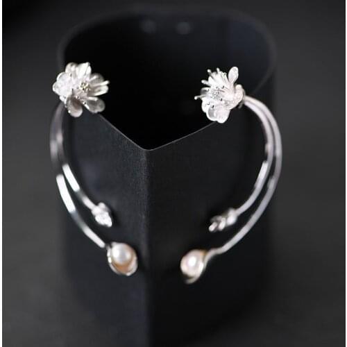 FNJ Freshwater Pearl Flower Earrings 925 Silver Original Pure S925 Sterling Silver Stud Earring for Women Jewelry