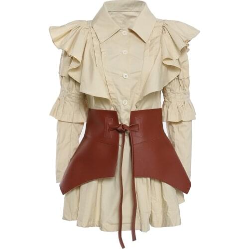 ASYMSAY New Autumn Two Piece Set For Women Lapel Collar Flare Long Sleeve Shirt + High Waist Pu Waistband Lace Up Sets AL1797