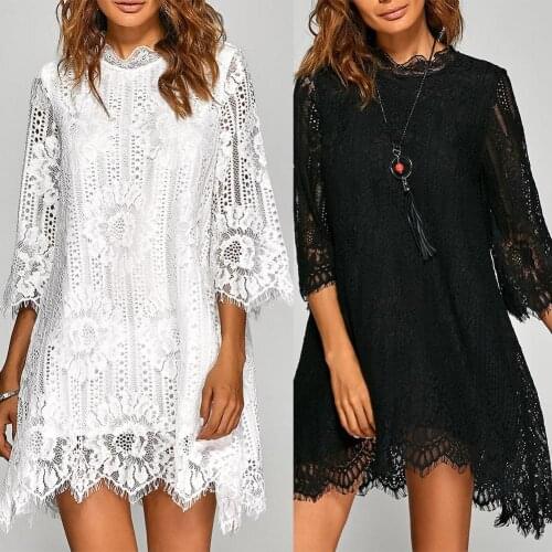 2021 Plus Size Women 3/4 Sleeve Loose Irregular Hem Plain Openwork Lace Mini Dress Womens Clothing Elegant Vestidos Hot Sale