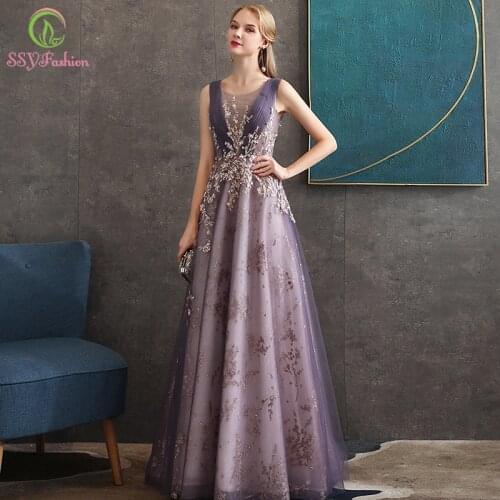 SSYFashion New Purple Evening Dresses Banquet Elegant Floor-length Sequins Appliques Long Prom Formal Gown Vestidos De Noche