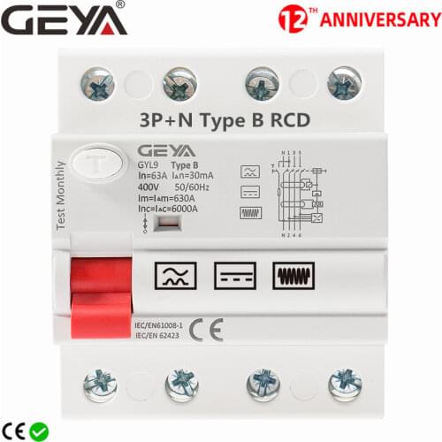 Free Shipping GEYA Din Rail B Type Earth Leakage Current breaker DC RCCB RCD 4P 40A 63A 30mA 300mA Type B RCD