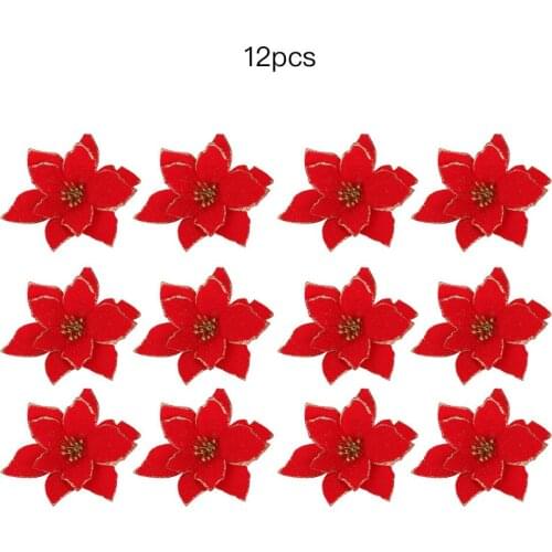 12Pcs Glitter Poinsettia Flower Christmas Wreath Tree Decor Xmas Present Wedding Home Ornaments Garlands Scrapbook Craft Flower