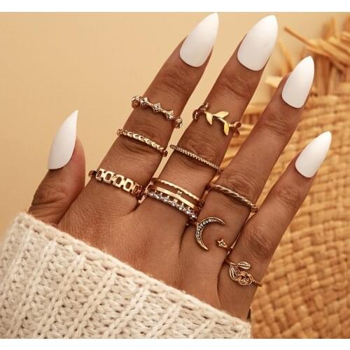 Boho Vintage Gold Color Knuckle Rings For Women Bohemia Crystal Star Crescent Geometric Female Finger Rings Set Jewelry Anillos