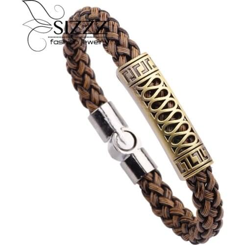 SIZZZ 20CM Long Europe and the United States alloy bracelet magnet leather braided bracelet&bangles for men