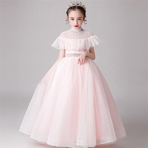 Children Girls Korean Sweet Pink Color Birthday Wedding Party Princess Fluffy Dress 2020Summer New Kids Host Piano Dress Clothes