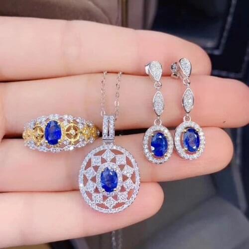 Super Top Quality Sapphire Set Natural And Real Sapphire Jewelry Set 925 Sterling Silver 1pc Ring,1pc Pendant,2pcs Earring
