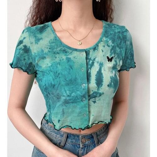 Y2k Tops E girl Vintage Print Short T Shirt Butterfly Embroidery Cardigan Crop Tops Sexy Slim Tie Dye Corset Top Tee Streetwear