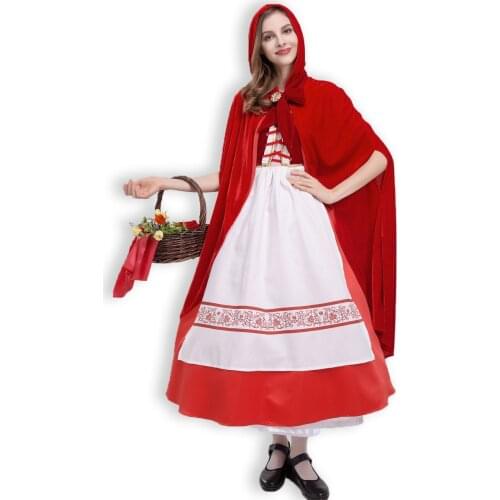 Little Red Riding Hood Costume for Women Shawl Fancy Adult Halloween Cosplay Fantasia Carnival Fairy Tale Dress+Cloak Apron