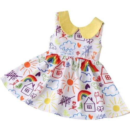 Summer Kids Girls Dresses Vest Style Dress Sweet Children Drawing Graffiti Printing High Waist A-line Princess Dresses