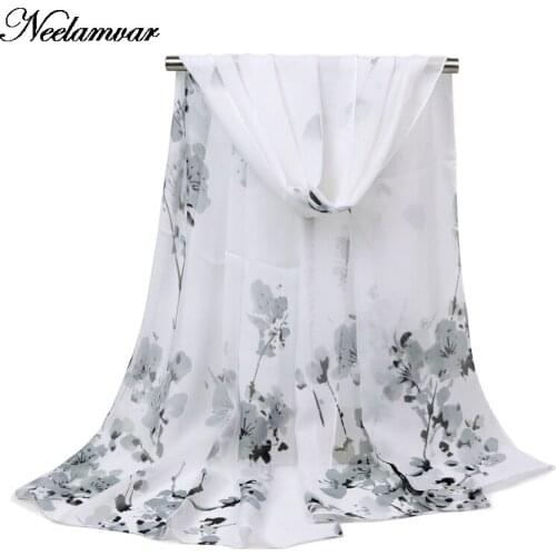 Hot Fashion thin Women Scarf Chiffon Shawl turban flower print Hijab Neck Warmer Silk Scarf Girls Cape 50*160 Long Headband