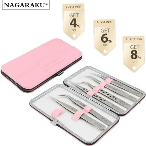 NAGARAKU Eyelash Tweezers Kit with Exquisite Pink Tweezer Case High Precision Anti-slip Stainless Steel Nipper Makeup Tools