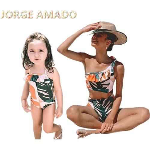 2020 new Parent Child Swimsuit European and American Girls One Piece Plantain Leaves Floral Swimwear E806