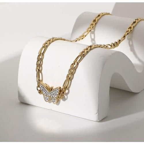 New Design 14K Gold Plated Stainless Steel Accessories Figaro Chain Necklace SuperFlash Zircon Butterfly Necklace