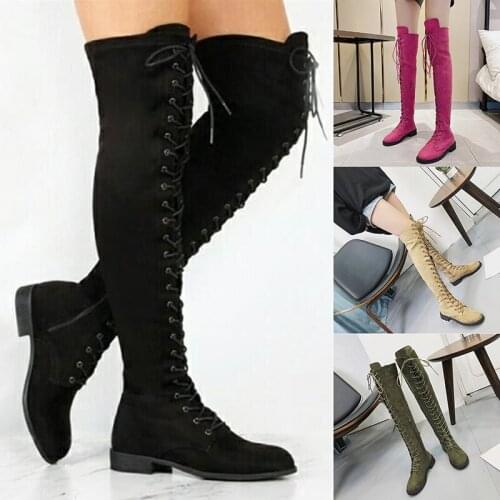 Sexy Womens Winter Boots Thigh High Boots Lace Up Rubber Stretch Women Shoes Rome Style Over The Knee Boot For Women Female