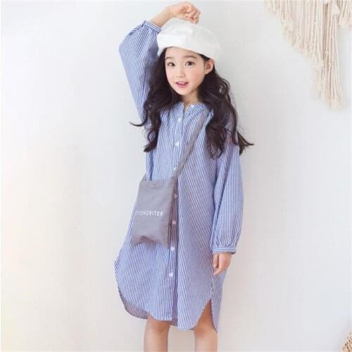 Long-sleeve Teens Kids Dresses for Girls Single-breasted Blue Striped Shirt Dress