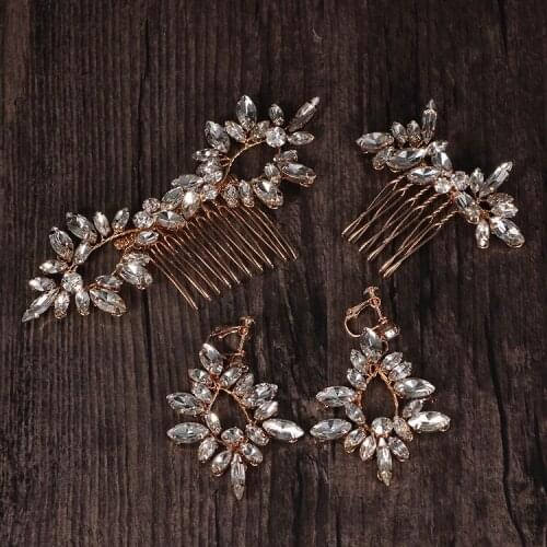 SLBRIDAL Handmade Crystal Rhinestones Flower Wedding Hair Comb Earring Set Bridal Hair Accessories Bridesmaids Women Jewelry