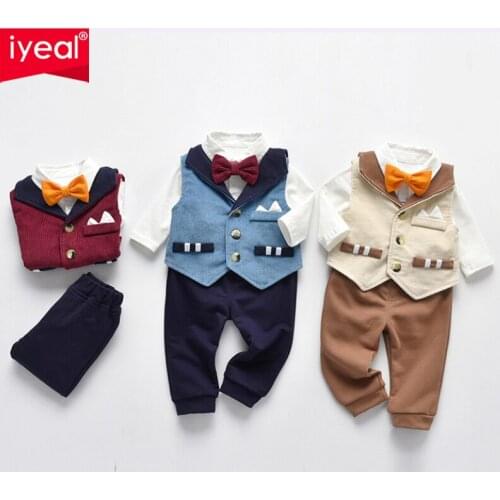 IYEAL 2020 Spring Baby Boy Suits Gentleman Sets White Shirt with Bow Tie + Striped Vest + Trousers 3Pcs Formal Kids Clothes Set