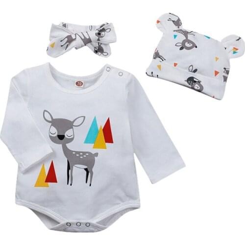 Spring Baby Girl Boy Long Sleeve Cartoon Fawn Print Romper Tops+Hat+Headband 3PCS Infant Kids Outfits Clothes New Style 2021