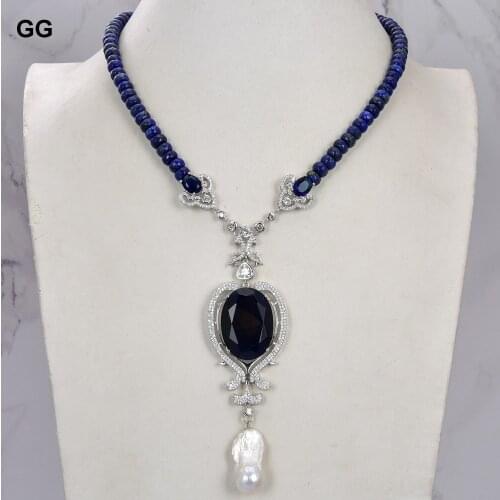 GuaiGuai Jewelry 19'' Faceted Rondelle Blue Lapis Necklace Keshi Pearl CZ Pendant