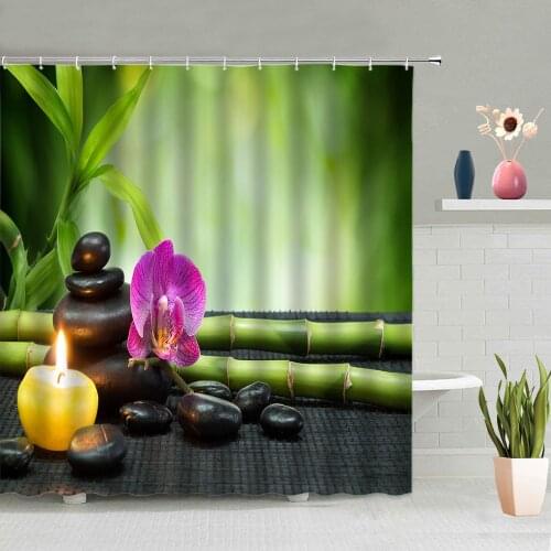Zen Stone Shower Curtain Bamboo Green Leaves Flower Plants Pebble Spa Bathroom Bathtub Decoration Screen Washable With Hooks