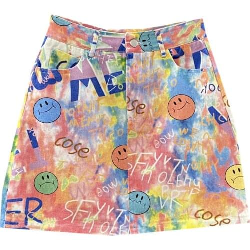 Women Denim Skirt Graffiti Print Sexy Summer 2021 New Korean High Waist Fashion Loose A-Line Jean Mini Skirts Female Tide H1498