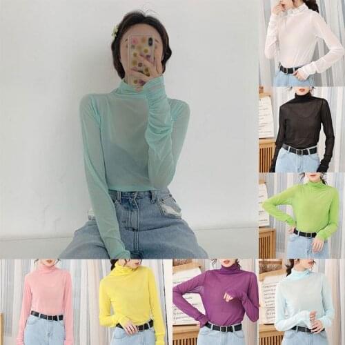 Fashion Neon Shirt For Women Long Sleeve Stand Collar Sheer Top Yellow Gold Mesh Sexy Party Club Streetwear Hip Hop Women Tops