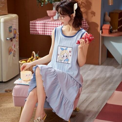Cute Ladies Cartoon Cotton Nightgown Female Tank Top Ruffles Night Dress Women Nighties Sleeveless Sleepwear Female Nightwear