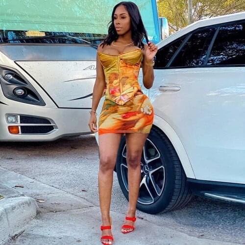 ZKYZWX Sexy Angel Print Two Piece Set for Women Y2k Clothes Zip Strapless Corset Mini Skirt Club Birthday Outfits Matching Sets